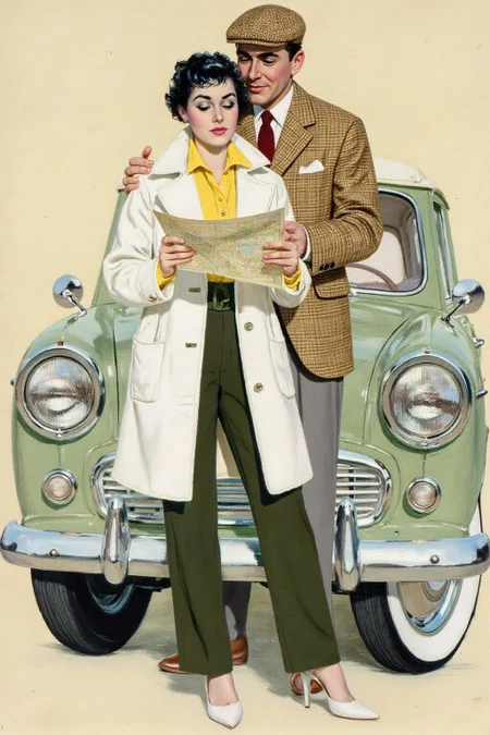 cobyw1 illustration
A couple standing in front of a vintage car. The woman, with short, curly black hair, is dressed in a white coat with a yellow blouse peeking out underneath, paired with high-waisted, dark green trousers. She holds a map and appears to be looking at it, with a thoughtful expression. The man wears a tweed cap. <lora:cobyw1_cap_d6a3e12:1.0><lora:818761869461377074:0>