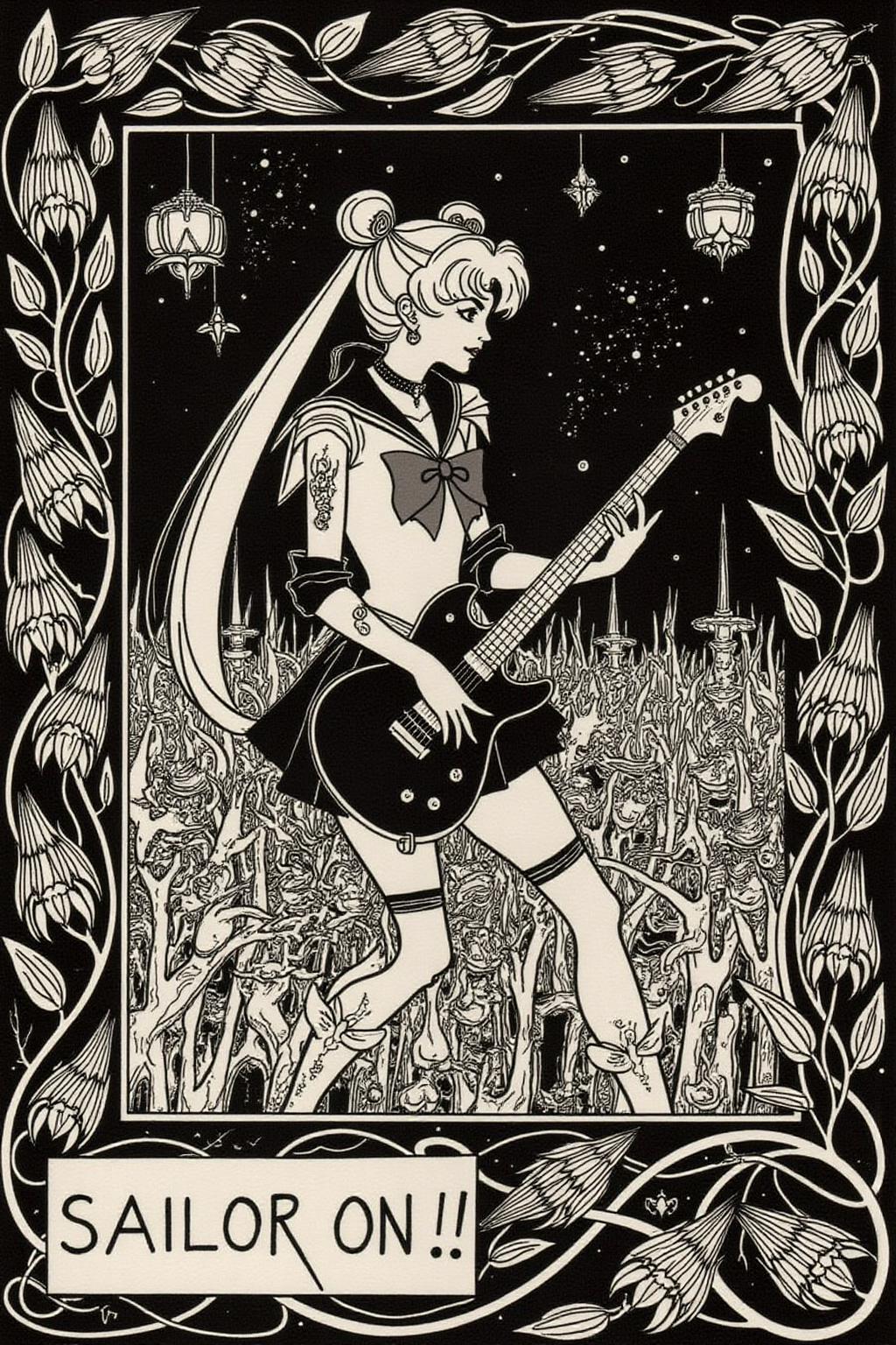 aubea1 illustration. punk sailor moon playing a guitar at a heavy metal mosh pit, tattoos, piercing. Caption text box at bottom left corner says "Sailor On!" <lora:aubea2_cap_d6a3:1.0><lora:823904336884087298:0>