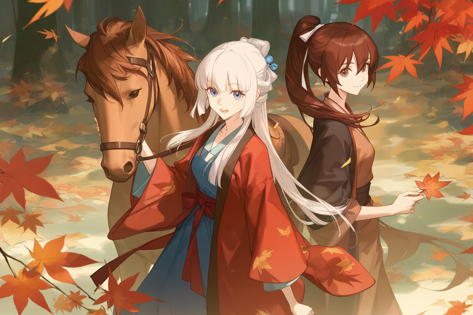 artist:ask_(askzy),artist:yolanda,[artist:WANKE],artist:ciloranko,multicolored,<lora:fenglingyuxiu-000018:0.6>,fenglingyuxiu,2girls,multiple girls,brown hair,ponytail,brown eyes,long hair,leaf,horse,autumn leaves,white hair,looking at viewer,open mouth,maple leaf,blue eyes,hair between eyes,smile,closed mouth,sidelocks,