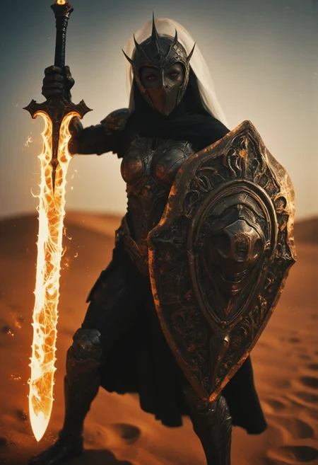 Upper body shot of a dark, menacing figure, now a nun in the same mechanical, battle-worn outfit, in the heat of an intense, action-packed battle, captured with the gritty realism of an old analog camera. The nun’s intricately designed, battle-worn helmet reflects the eerie glow of her weapon—a massive, twisted sword. However, the blade now crackles with divine energy, gathering at its tip where a glowing orb of golden and white light pulses with immense holy power. The energy radiates along the length of the blade, casting a radiant, holy glow that illuminates the nun’s helmet and armor, creating stark contrasts between light and deep shadows.
In her other hand, the nun wields a terrifying yet sanctified shield, adorned with jagged, twisted patterns and a serene visage that emanates holiness, as if blessed by divine magic. The glow from the sword throws the intricate details of the shield into sharp relief, casting long shadows. The nun stands amidst a dark, angry, and dense sandstorm in a barren desert, with the storm whipping violently around her, obscuring the sky with swirling sand and creating a chaotic, foreboding atmosphere.