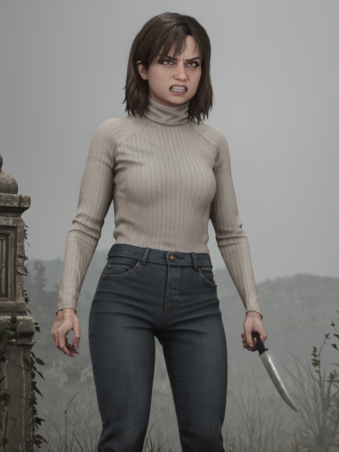 source_3d, score_9, <lora:AngelaSH2andRemake:0.85> sh2rangela, angry, holding knife