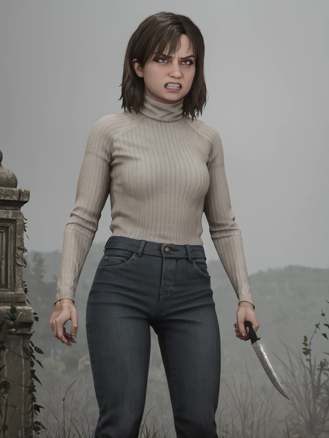 source_3d, score_9, <lora:AngelaSH2andRemake:0.85> sh2rangela, angry, holding knife
