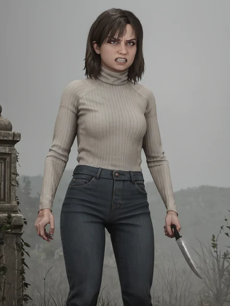 source_3d, score_9, <lora:AngelaSH2andRemake:0.85> sh2rangela, angry, holding knife