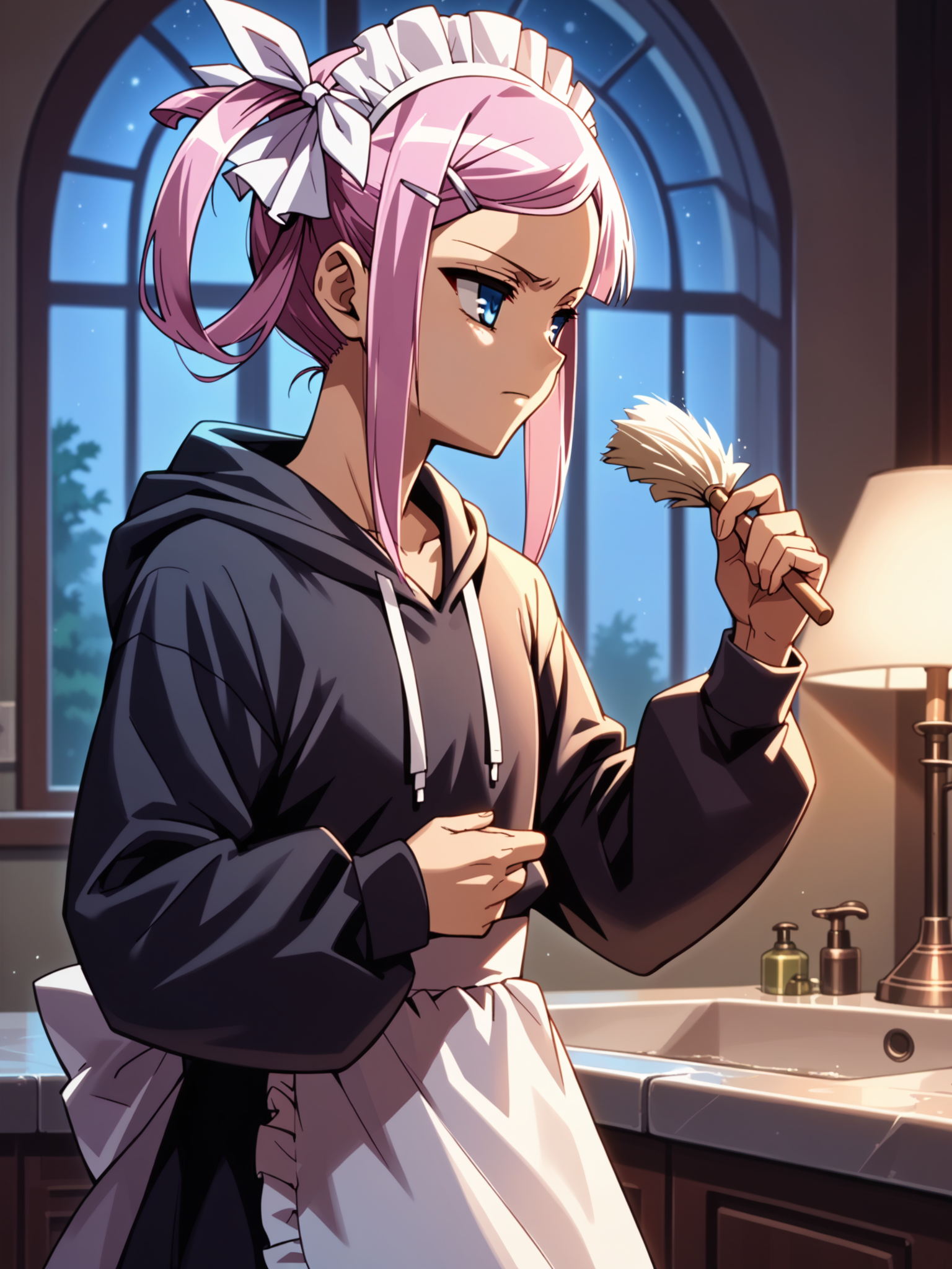 (cowboy shot, solo:1.1) <lora:happy_tentacle-sonshoukou-v0.1-000012:0.9>, ht_sonshoukou, hair ribbon, hairclip, flat chest, (petite:1.2), <lora:Shed_The_Skin's StS_age_slider_v1_initial_release:1.1> ( (hoodie :1.1) :1.1) ( , , ( :1.2) , , (looking at another:1.2) :1.1) , indoors, ((night, night sky :0.6), :0.8), ( window :0.9), (furniture:0.9), , , , , (european architecture :0.8), cleaning, (maid:1.2), maid headdress ( :0.8) score_9, score_8_up, score_7_up, score_6_up, score_5_up, score_4_up, [(realistic, photorealistic:1.3):(realistic:1.2):14] [(3d:1.2)::12] <lora:LUUNA's Lunas-NijiJourney-SDXL-B2:0.35>, nijijourney <lora:prgfrg23's Counterfeit-V3.0 Style SDXL_LoRA_Pony Diffusion V6 XL:0.35> <lora:mfcg's mfcgXL:0.12> <lora:reweik's gyokai(himehajime)_PonyXL_style_v01:0.14>