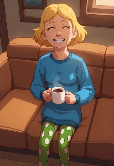 Score_9_up, score_8_up, score_7_up, BREAK, high quality, dynamic angle, 1girl, solo, judytgn, blonde hair, short hair, freckles, blue sweater, polka dot leggings, sitting on couch, happy, drinking hot chocolate, steamy, cozy room, warm lighting,