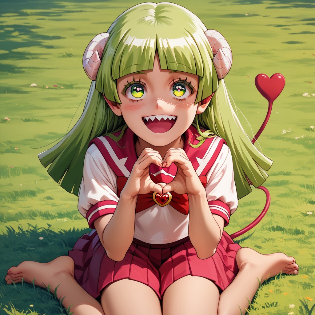 score_9, score_8_up, score_7_up, score_6_up, score_5_up, score_4_up, Cl_araV, School uniform, Sharp teeth, Horns, heart tail, happy, green hair, sitting on the ground, barefoot, looking up at viewer, heart hands