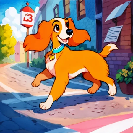 score_9,score_8_up,score_7_up,score_6_up,score_5_up, cocker spaniel, solo, open mouth, brown hair, brown eyes, standing, full body, outdoors, sky, collar, bell, animal, animal focus, animalization, domestic dog, lady \(ladyandthetramp\), dog ear, animal nose, dog, no humans, <lora:LadyPny:0.8>, (rating safe),(source cartoon), running in street, watercolor panting