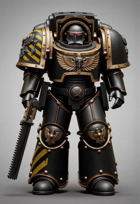 Score_9_up, absurdres, Source: GamesWorkshop, best quality, expressive eyes, perfect face, space marine, Iron Warriors Traitor Astartes Chapter space marine in terminator armor holding a chainsword, terminator helmet, full body, volumetric lighting project unreal engine, mantisdetailerse, adddetails, <lora:PeopleCountSliderLoRAv1:2.0>, <lora:warhammerAdeptus_v1:0.7>,