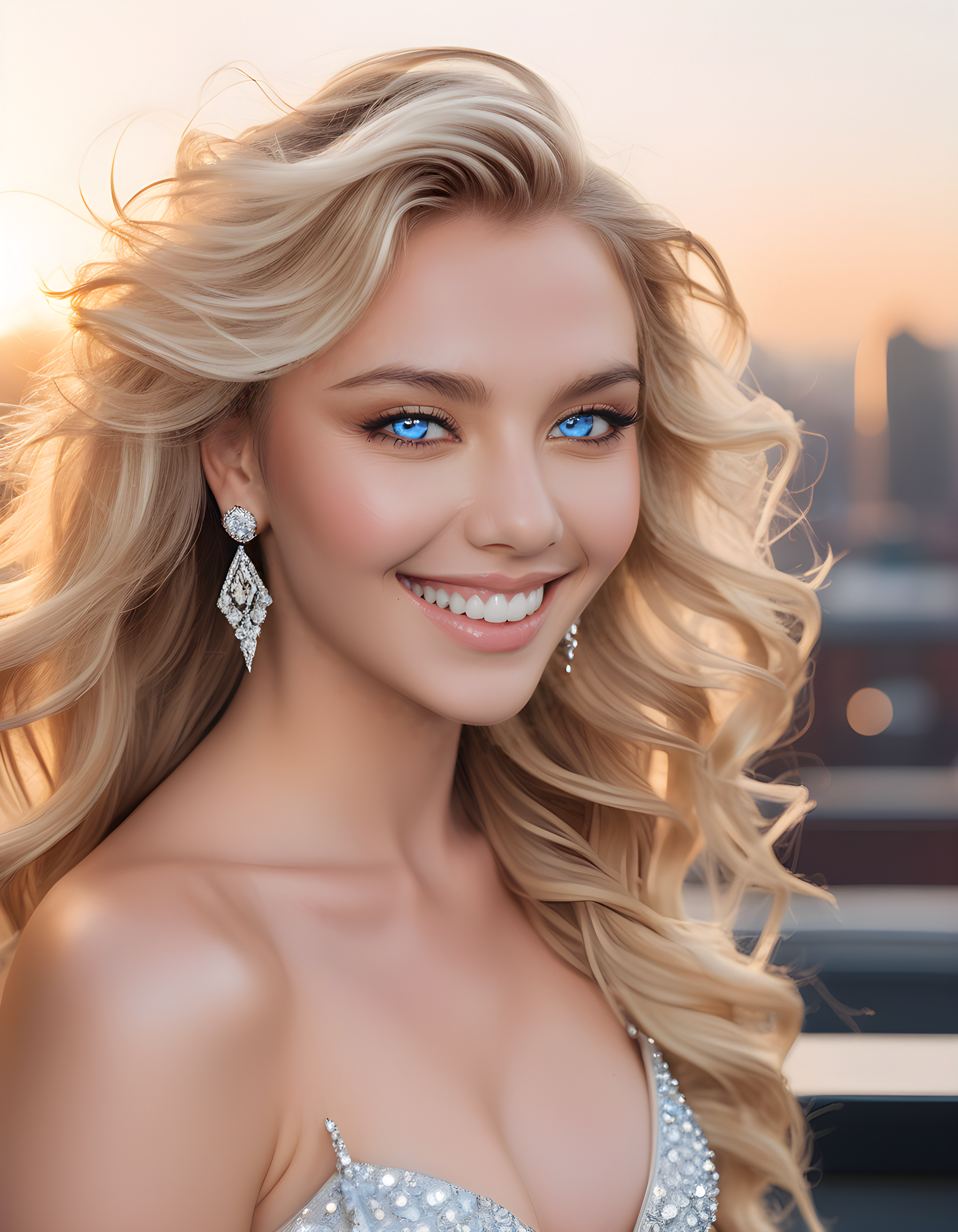 A high-definition close-up image of CL4R45, a striking blonde woman with long, cascading waves framing her piercing blue eyes and beautifully sculpted features. Her radiant smile, accentuated by the glint in her pearly white teeth and shimmering diamond earrings, captures the viewer's attention as she gazes directly into the lens, set against a backdrop of a sun-drenched rooftop terrace overlooking a vibrant city skyline at twilight. The soft, warm lighting creates an intimate and inviting atmosphere, while the wind gently tousles her hair and billows her ethereal, flowing gown, giving an air of mystique and allure to this captivating portrait.
