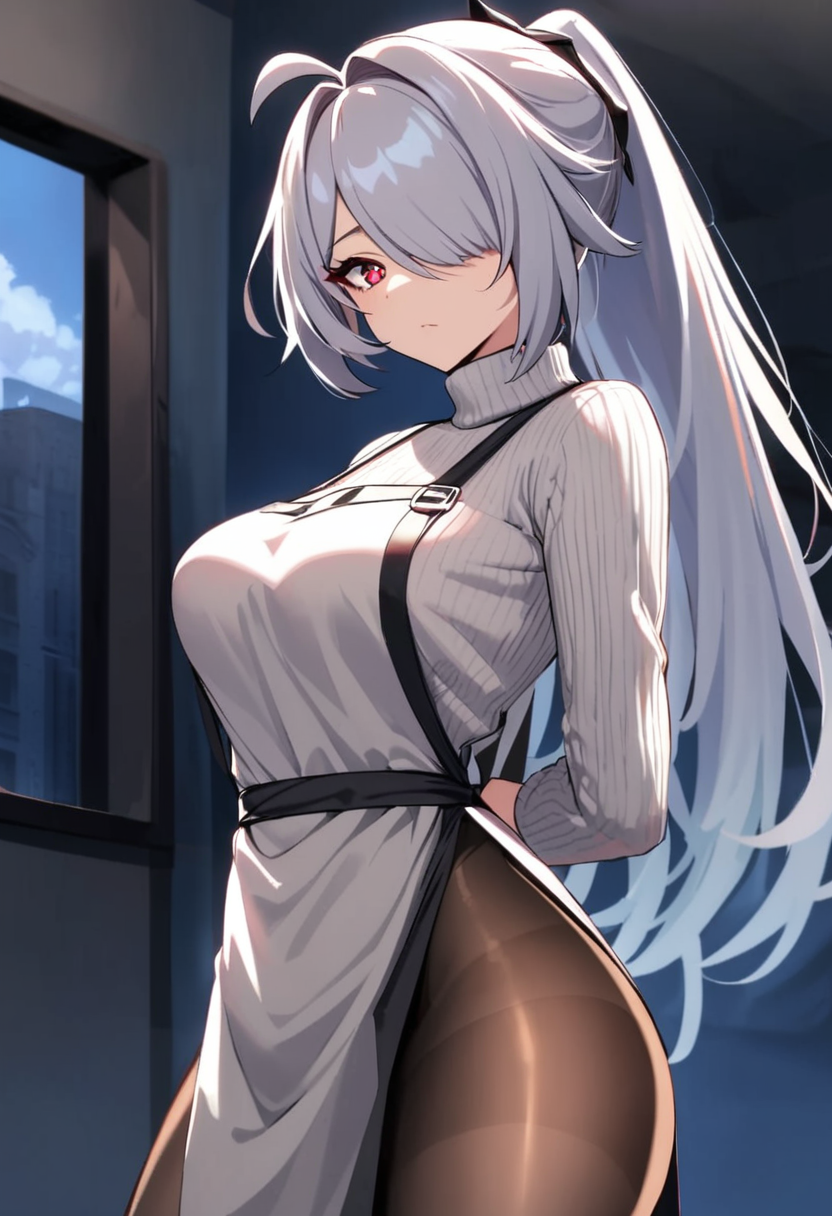 <lora:acheron_324:1>ï¼acheron_red, 1girl, ahoge, arms_behind_back, black_apron, black_pantyhose, commentary_request, cowboy_shot, highres, indoors, large_breasts, long_sleeves, looking_at_viewer, official_alternate_eye_color, official_alternate_hair_color, ponytail, ribbed_sweater, solo, standing, turtleneck_sweater, tying_apron, white_sweater