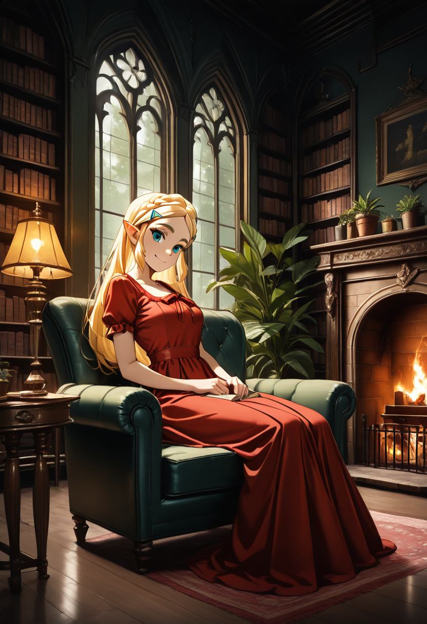 masterpiece, best quality, 1girl, solo, eyelashes, (beautiful eyes), detailed face, head tilt, side view, detailed window, sitting,    d4rk4c4dem1a, chair, table, fire, plant, couch, bookshelf, potted plant, lamp, candle, candlestand, chandelier, fireplace, book,   red dress, crown braid, princess zelda, smile, close up,   ,<lora:DarkAcademia_IXL:0.8>,