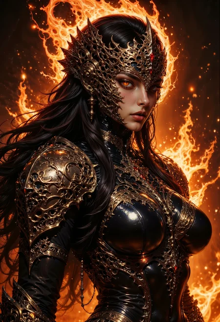 A striking, powerful female warrior adorned in intricately detailed, blackened obsidian armor with glowing ember-like veins coursing through it. Her face is framed by a golden, ornate, and filigreed crown-like headpiece that melds seamlessly with her fierce and regal expression. Her fiery orange eyes radiate intensity, and her dark flowing hair moves as if caught in an unseen breeze. Flames and molten energy swirl around her, creating an aura of burning power. The background is a moody, dark environment with contrasting light from the fiery embers illuminating the scene. Ultra-realistic rendering with an epic, gothic fantasy aesthetic, emphasizing rich textures, dramatic lighting, and a sense of overwhelming elemental energy.