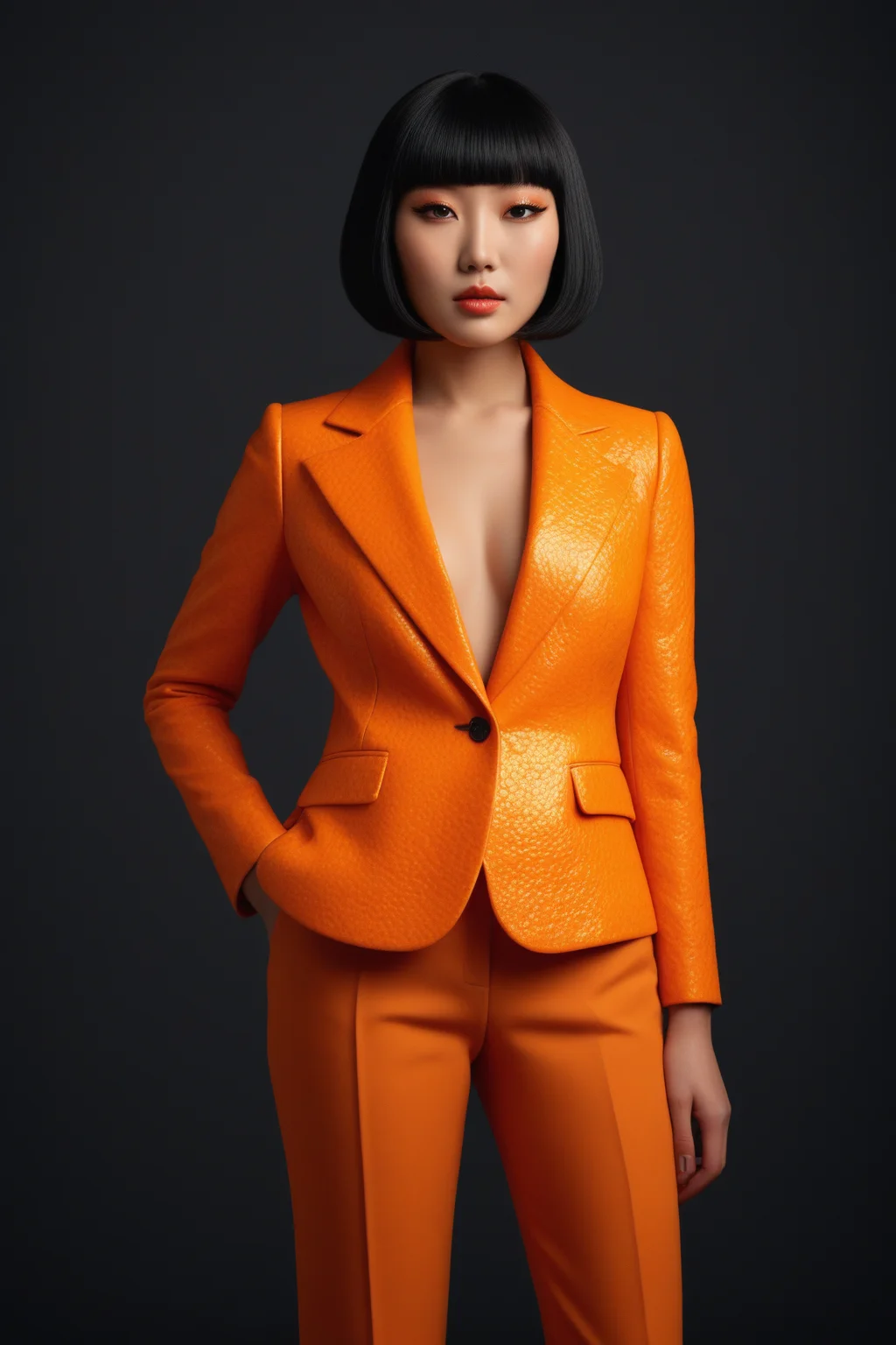 high quality,masterpiece,ultra-high resolution,incredible composition,extremely detailed, <lora:Orange_Peel:0.7>, A young Korean woman with a heart-shaped face, her jet-black hair styled in a sleek bob with bangs, wearing glamorous makeup with shimmering gold eyeshadow and bold coral lipstick. She is dressed in a tailored jacket and trousers made from orange peel, the citrus skinâs bumpy texture glowing under studio lights. Photographed in ultra-high resolution at a medium distance, highlighting the intricate orange peel fabric details. The indoor background is a chic studio with a dark slate wall, dramatic spotlighting, and props like halved oranges and rosemary sprigs, evoking a luxurious food photography aesthetic.