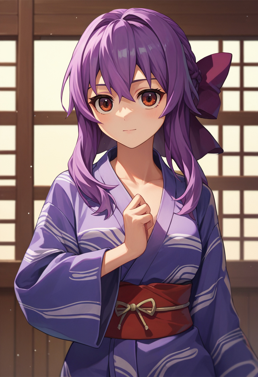 score_9, score_8_up, score_7_up, source_anime,ShinoaRnd, purple hair, brown eyes, braided hair, purple hair bow, yukata,    <lora:ShinoaXL1-000010:1>