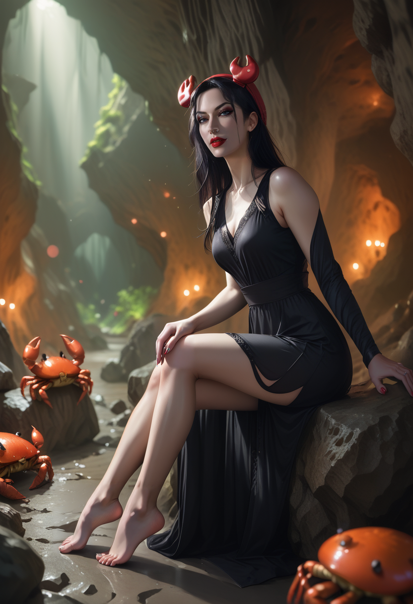 score_9, score_8_up, score_7_up, score_6_up, score_5_up, full body, Shelob a woman sitting arrogantly on a rock in a cave, leg crossing, barefoot, evil, headCrab hat on her head, (Crab on head), mastermind, long black dress, spiral arm laces, long layered jet black hair, sexy, seductive, in a cave, dynamic lighting, dynamic angle, good contrast lighting, Chiaroscuro Lighting Style, ominous lighting, 
<lora:Shelpony:1>,<lora:HeadCrab:0.4>