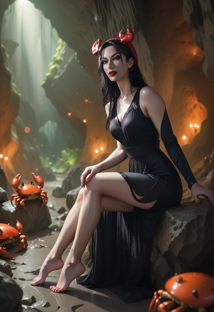 score_9, score_8_up, score_7_up, score_6_up, score_5_up, full body, Shelob a woman sitting arrogantly on a rock in a cave, leg crossing, barefoot, evil, headCrab hat on her head, (Crab on head), mastermind, long black dress, spiral arm laces, long layered jet black hair, sexy, seductive, in a cave, dynamic lighting, dynamic angle, good contrast lighting, Chiaroscuro Lighting Style, ominous lighting,
<lora:Shelpony:1>,<lora:HeadCrab:0.4>