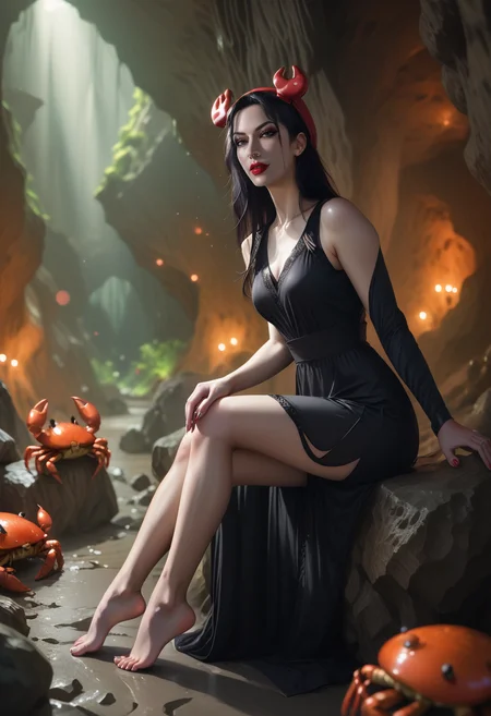 score_9, score_8_up, score_7_up, score_6_up, score_5_up, full body, Shelob a woman sitting arrogantly on a rock in a cave, leg crossing, barefoot, evil, headCrab hat on her head, (Crab on head), mastermind, long black dress, spiral arm laces, long layered jet black hair, sexy, seductive, in a cave, dynamic lighting, dynamic angle, good contrast lighting, Chiaroscuro Lighting Style, ominous lighting,
<lora:Shelpony:1>,<lora:HeadCrab:0.4>