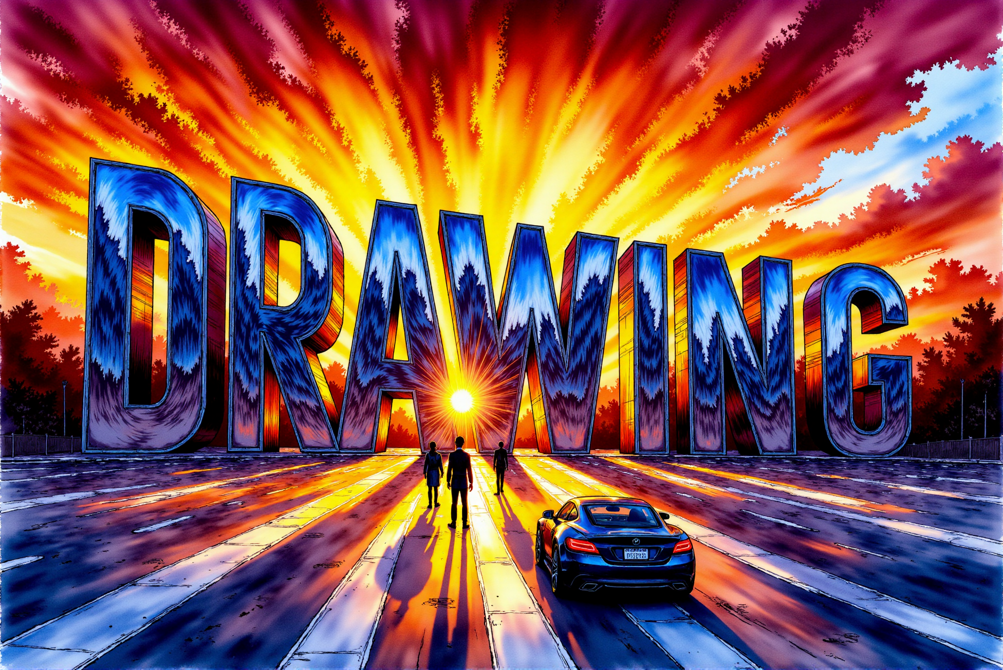 <lora:Vibrant_watercolor_v.21:0.99> This image is a digital watercolor drawing featuring an urban scene in a comic book art style, with bold, crisp lines and vibrant colors. (The clearly visible towering reflective text  ("DRAWING") are rendered with intricate, detailed reflections that catch the orange and red hues of the fiery sunset, each panel edge emphasizing the surreal quality of the installation). The sky is filled with intricate dramatic clouds swirling in vivid shades of gold and crimson, amplifying the intensity of the sunset. The street is depicted with sharp, angular shadows stretching across the pavement, while the stylish stance car and lonely sophisticated pedestrians are outlined with bold, defined lines that highlight their movement and interaction with the environment. Each character is illustrated with expressive features, wrapped in the dramatic lighting of the scene, giving them a sense of urgency and purpose as they walk under the oversized, reflective letters. The overall atmosphere is heightened with comic-style textures, adding depth and a touch of the fantastical to this urban landscape, making the viewer feel as if they are stepping into a vibrant, larger-than-life moment frozen in time.
