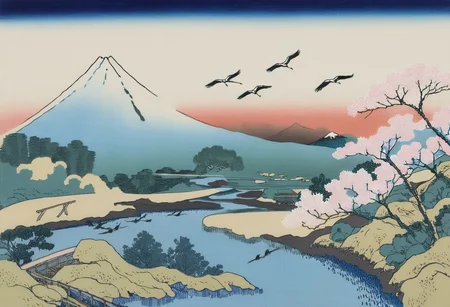 detailed image of mount fuji in the background overlooking, sakura trees and blossoms, and a clear blue stream, majestic cranes flying over the water, KHsty-XL <lora:KHsty-XL-v3-000019:0.8>