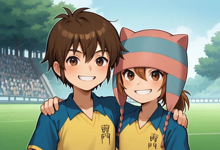score_9, score_8_up, score_7_up, source_anime, highly detailed, 2boys,
matsuno, 1boy, male focus, brown hair, ponytail black eyes, hat, animal hat, BREAK
handa, 1boy, male focus, brown hair, hair between eyes, brown eyes, BREAK
sportwear, raimon, soccer uniform, raimon soccer uniform, shirt, raglan sleeves, blue shirt, yellow shirt, short sleeves, upper body, smile, grin,
outdoor, hand on another's shoulder,