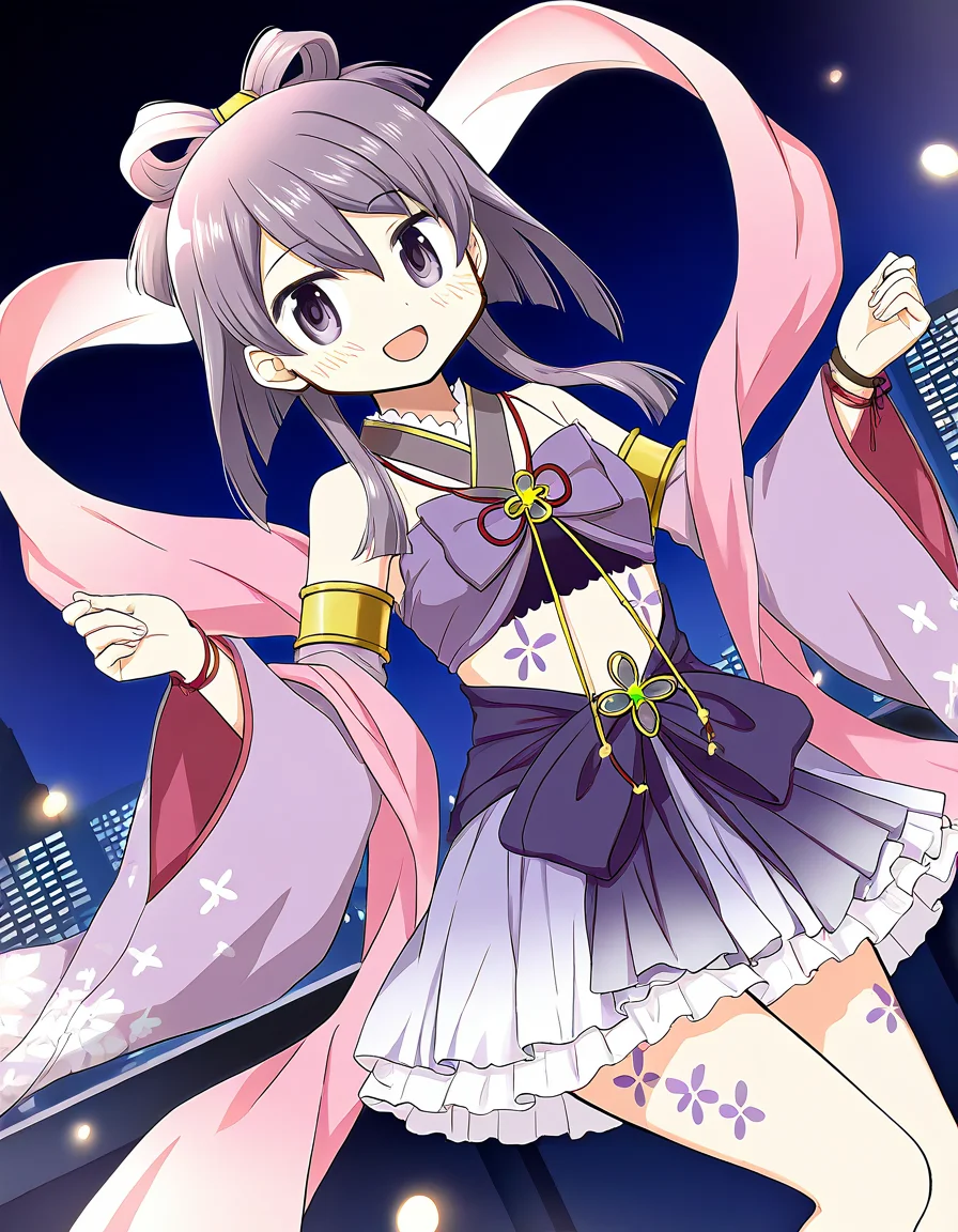 masterpiece, best quality, newest, absurdres, highres, safe, 1girl, aika himena, magia record: mahou shoujo madoka magica gaiden, hagoromo, solo, smile, open mouth, city, night, dutch angle, <lora:aika_himena_noobaiXLNAIXL_vPred10Version:0.7>