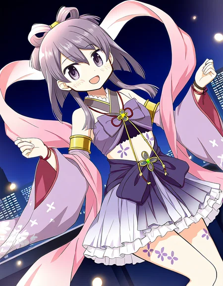 masterpiece, best quality, newest, absurdres, highres, safe, 1girl, aika himena, magia record: mahou shoujo madoka magica gaiden, hagoromo, solo, smile, open mouth, city, night, dutch angle, <lora:aika_himena_noobaiXLNAIXL_vPred10Version:0.7>