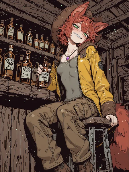 1girl, solo,
woman, fox woman, human fox hybrid, mutant,
commodore, pixel, masterpiece, best quality,
post-apocalypse, mix of science fiction and cowboy western, dieselpunk, atompunk, fallout \(series\),
karasuchan,
<lora:KarasuChanIllustriousXL_byKonan:0.9>
BREAK
skin, white face, (freckles),
detailed eyes, green eyes, emerald eyes, realistic eyes,
fox ears, sharp ears,
red hair, messy hair, hair style, fur on sides of head,
fox tail, thick tail,
pendant, crude purple crystal pendant, purple pendant,
small breasts,
sharp teeth, trained, beautiful, tomboy
BREAK
cowboy hat, leather hat, large hat,
yellow coat, leather coat-jacket with hood,
cargo pants,
withered clothes, well-worn clothes,
grey shirt,
brown footwear,
BREAK
commodore, pixel, view from side, bar, dim light, dark theme, whiskey bottles, empty bottles, drunk, slumping, hiccup, brown bottles with yellow labels, sitting, sitting on a bar stool, wooden bar, looking at viewer, low angle view, head tilt, holding bottle,
<lora:Commodor_64_Pixel:1.0>
Negative prompt: low quality,worst quality,normal quality,text,signature,jpeg artifacts,bad anatomy,bad hands,old,early,copyright name,signature,realistic,watermark,artist name, duo, anthro
Steps: 28, Sampler: Euler, Schedule type: Automatic, CFG scale: 3.5, Seed: 2778698508, Size: 960x1280, Model hash: d0b78b1a5a, Model: plantMilkModelSuite_hemp, Denoising strength: 0.5, Hires Module 1: Use same choices, Hires CFG Scale: 5, Hires upscale: 1.25, Hires steps: 20, Hires upscaler: R-ESRGAN 4x+ Anime6B, Lora hashes: "KarasuChanIllustriousXL_byKonan: 2e7d8e28b943, Commodor_64_Pixel: 51af3923508c", Discard penultimate sigma: True, Version: f2.0.1v1.10.1-previous-635-gf5330788
For img2img (inpaint) i've removed all commodor parts
1girl, solo,
woman, fox woman, human fox hybrid, mutant,
masterpiece, best quality,
post-apocalypse, mix of science fiction and cowboy western, dieselpunk, atompunk, fallout \(series\),
karasuchan,
<lora:KarasuChanIllustriousXL_byKonan:0.9>
BREAK
skin, white face, (freckles),
detailed eyes, green eyes, emerald eyes, realistic eyes,
fox ears, sharp ears,
red hair, messy hair, hair style, fur on sides of head,
fox tail, thick tail,
pendant, crude purple crystal pendant, purple pendant,
small breasts,
sharp teeth, trained, beautiful, tomboy
BREAK
cowboy hat, leather hat, large hat,
yellow coat, leather coat-jacket with hood,
cargo pants,
withered clothes, well-worn clothes,
grey shirt,
brown footwear,
BREAK
view from side, bar, dim light, dark theme, whiskey bottles, empty bottles, ((drunk)), drnk blush, slumping, hiccup, brown bottles with yellow labels, sitting, sitting on a bar stool, wooden bar, looking at viewer, low angle view, head tilt, holding bottle, slim, muscular, smug smile, sly, skinny