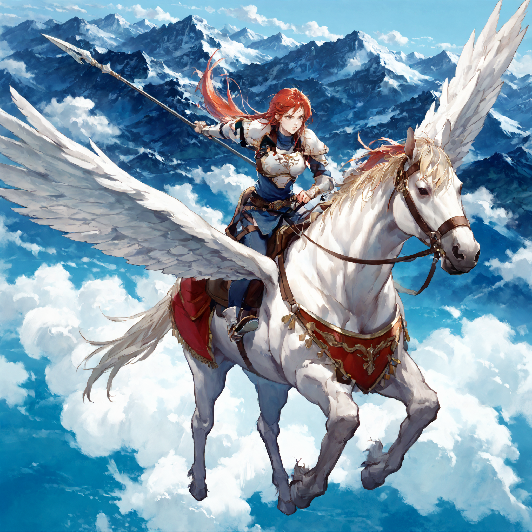 score_9,score_8_up,score_7_up,extreme detailed,full_body,zPDXL BREAK sky,flying,
<lora:Pony_DetailV2.0:1>,pegasus knight,horse,horseback riding,pegasus,<lora:pegasus knight:0.8>,long hair,shoulder armor,breastplate,pegasus knight uniform \(fire emblem\),fighting stance,holding_spear,charging forward,
