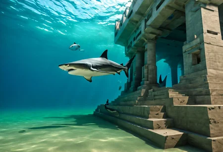 High Detailed photo underwater, arafed structure made of concrete blocks on the bottom of the ocean, epic 3 d yemaya, 1 5 6 6, artdeco, pyramid visor, 1666, jade, sci-fiish, artdevian, riding, steps, ffffound, hispanic, see fishes swimming, SC I Y', online, small fish and two large sharks swim