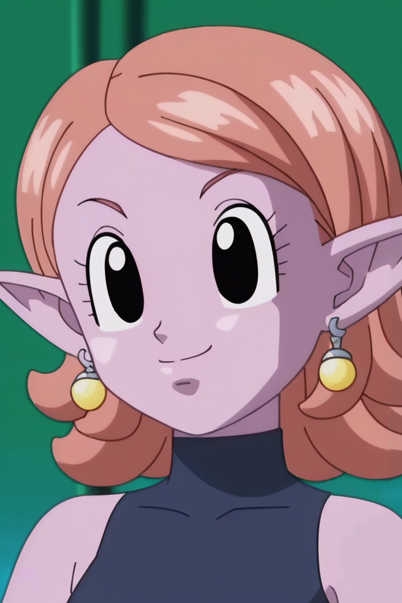 source_anime, score_9, score_8_up, score_7_up, anime screencap,8k, absurdres, 
chronoa, 1girl, solo, smile, bare shoulders, potara earrings, closed mouth, orange hair, pointy ears, black eyes, eyelashes, colored skin, portrait, close-up, green background, purple skin, blue leotard, sleeveless turtleneck leotard, looking at another, official style
 <lora:chronoa_pony_v1:0.8>
