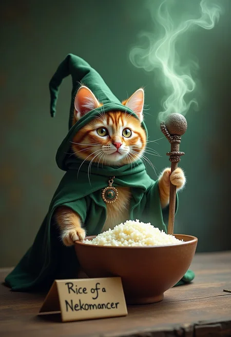 A cute kitten in a necromancer costume, with a magic staff in its paws, stands near a bowl of boiled rice, thick greenish steam rises from the bowl in the shape of a mouse.  The sign with text at the bottom of the picture says "Rice of a Nekomancer"
