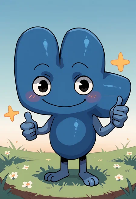 score_9_up, score_8_up, score_7_up, score_6_up, (detailed art style, shiny skin, detailed eyes)
(Battle_For_Dream_Island), four_(bfb), 1boy, ((solo male)), ((solo focus)), alien, algebralien, blue skin, blue body, big eyes, black eyes, blush, smile, thumbs up, (simple background, gradient background), grass