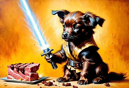 puppy wolverine Obi-Wan, grilling beef on light saber,
Oil Painting,
(Renaissance Paintings, Renaissance style, beautiful, painterly, detailed, textural, artistic), (((intricate details, highly detailed, ultra-detailed, absurdres))), (unreal engine, octane rendering, Anti-Aliasing, sharp focus, natural lighting, high saturation, high contrast, vivid, vibrant, studio lighting, best texture quality), beautiful detailed scenery,