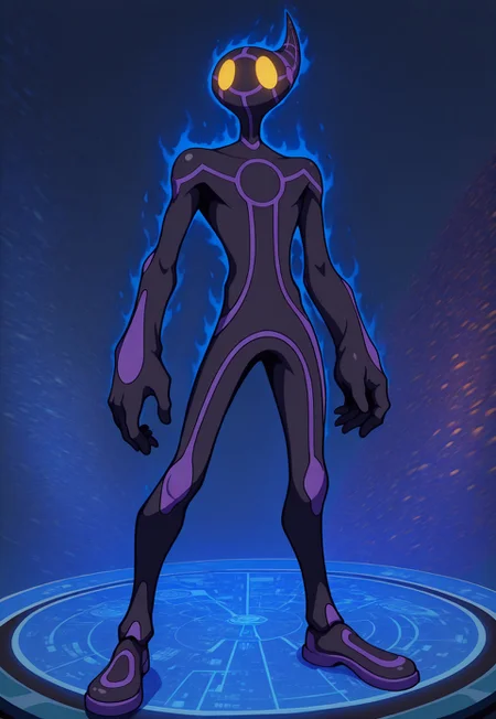 realistic, masterpiece, best quality, newest, absurdres, highres, aiyugioh, solo, full body, 1boy, colored skin, yellow eyes, no pupils, neon trim, no humans, glowing eyes, outline, aura, BREAK, (cyberspace, internet:1.2)