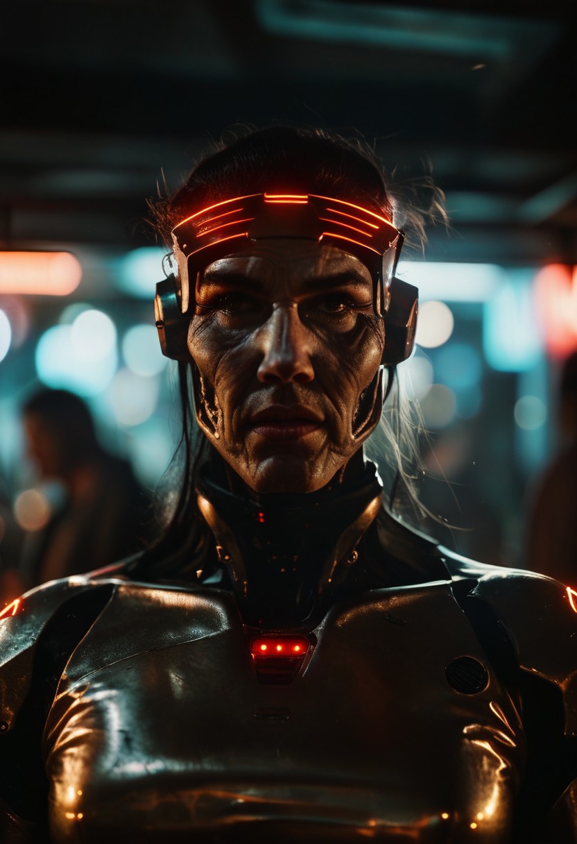 score_9, score_8_up, score_7_up, cyborg, ar3na1989, Kodak Motion Picture Film Style, robot,  ((long face)), visor, (neon gold light), thug, (bokeh), sci-fi, dark atmosphere, moody, dark hair, aesthetic,