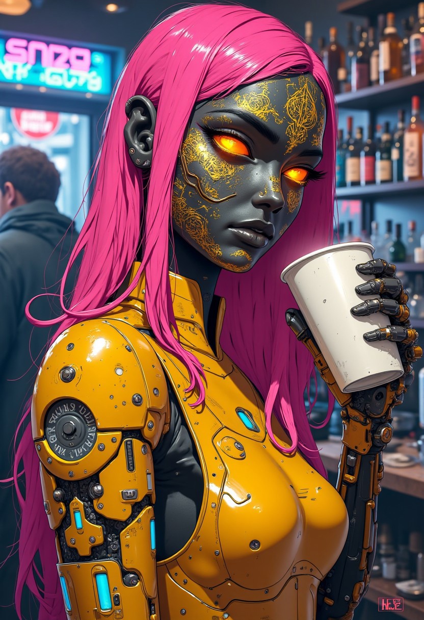 anime, cyberpunk, upper body shot, portrait of a beautiful woman dark skin reflective, half turn head to the camera, (intricate golden face tattoo), golden dress with techy touch, drinking from a white cup in hand, golden prosthetic arm that is intricate and highly detailed, golden eyes glow, half face is golden transfusion, golden line splits the face vertically, golden makeup and lipstick color, golden glitter makeup, thin cheeks, glowing gold on face, (background is buys bar that is also messy, dark moody lights, neon glowing), detailed lips, (pink long hair), Victorian party mask on eyes, UHD, smooth, sharp, detailed, intricate,