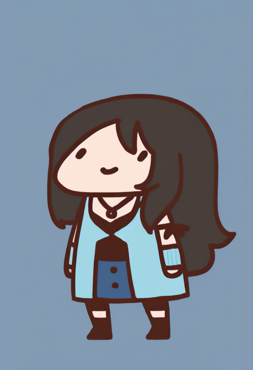masterpiece, best quality, chibi, full body, solo, 1girl, ffrnaht, smile, standing, black hair, long hair, dot eyes, necklace, light blue cardigan, cleavage, black shirt, sleeveless, blue skirt, shorts under skirt, arm ribbon, arm warmers, black boots, simple background