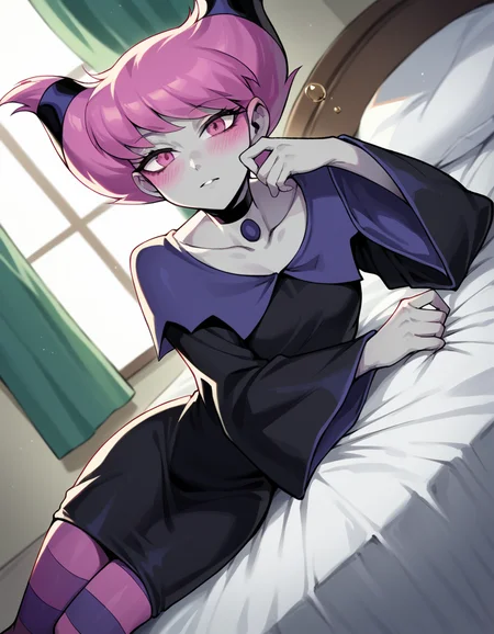 score_9, score_8_up, score_7_up, source_anime, <lora:jinx-dc-ponyxl-lora-nochekaiser_r1:1>, jinx, jinx (dc), colored skin, grey skin, hair horns, pink eyes, pink hair,, choker, long sleeves, pantyhose, striped clothes, striped pantyhose, black dress, wide sleeves, collarbone,, indoors, bed, bed room, on side, blush, drunk, looking at viewer, solo,, cowboy shot, dutch angle