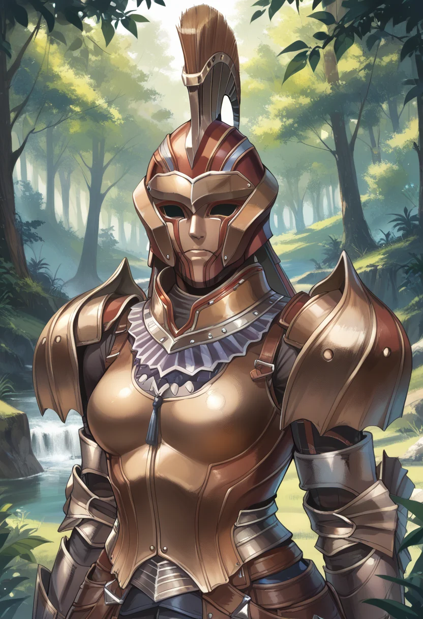 (score_9:0.9),score_8_up,score_7_up,rating_safe,anime style,(zPDXL),(zPDXL3),<lora:Kushala Armor ponyXL v1:0.7>,((full armor)),solo,bronze armored gauntlets,upper body,bronze shoulder armor,bronze breastplate,1girl,looking at viewer,((bronze helmet)),forest,