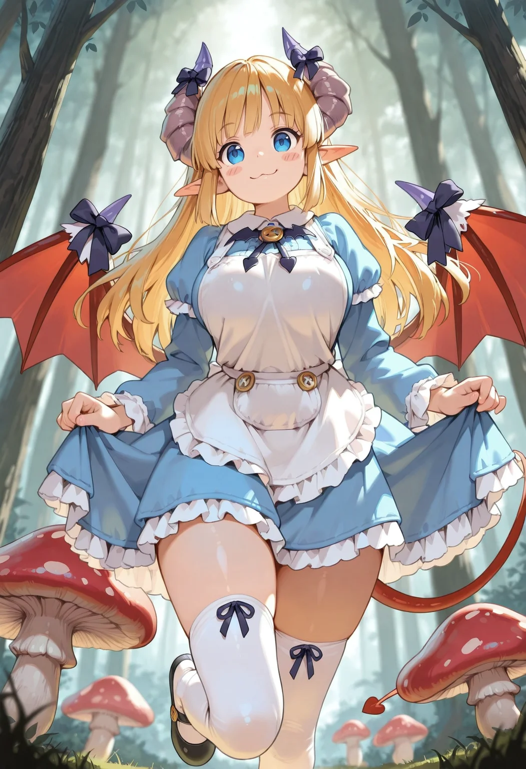 masterpiece, best quality, amazing quality, absurdres, perfect face,  20yo, contrast, soft lighting, curvy, large breasts, 1girl, depth of field,
alicemge, blonde hair, pointy ears, blue eyes, horn bow, long hair, tail bow, tail ribon, lace, frills, light purple horns, wing bow, segmented horns, demon tail, white thighhighs, wing ornament, demon girl, tail ornament, ribbon, zettai ryouiki, apron, mary janes, red tail, red wings, bat bowtie, demon wings, blue dress, low wings, blunt bangs,
blush stickers, smile, :3, full body, from below,
dynamic pose, dynamic angle, foreshortening, perspective, 
looking at viewer,  wonderland, forest, giant mushroom,  day, detailed background,
<lora:StS-Illustrious-Detail-Slider-v1.0:1> <lora:Dynamic lighting[IL]:0.6>  <lora:illustrious_quality_modifiers_masterpieces_v1:0.5>
 <lora:alicemge-000013:0.9>