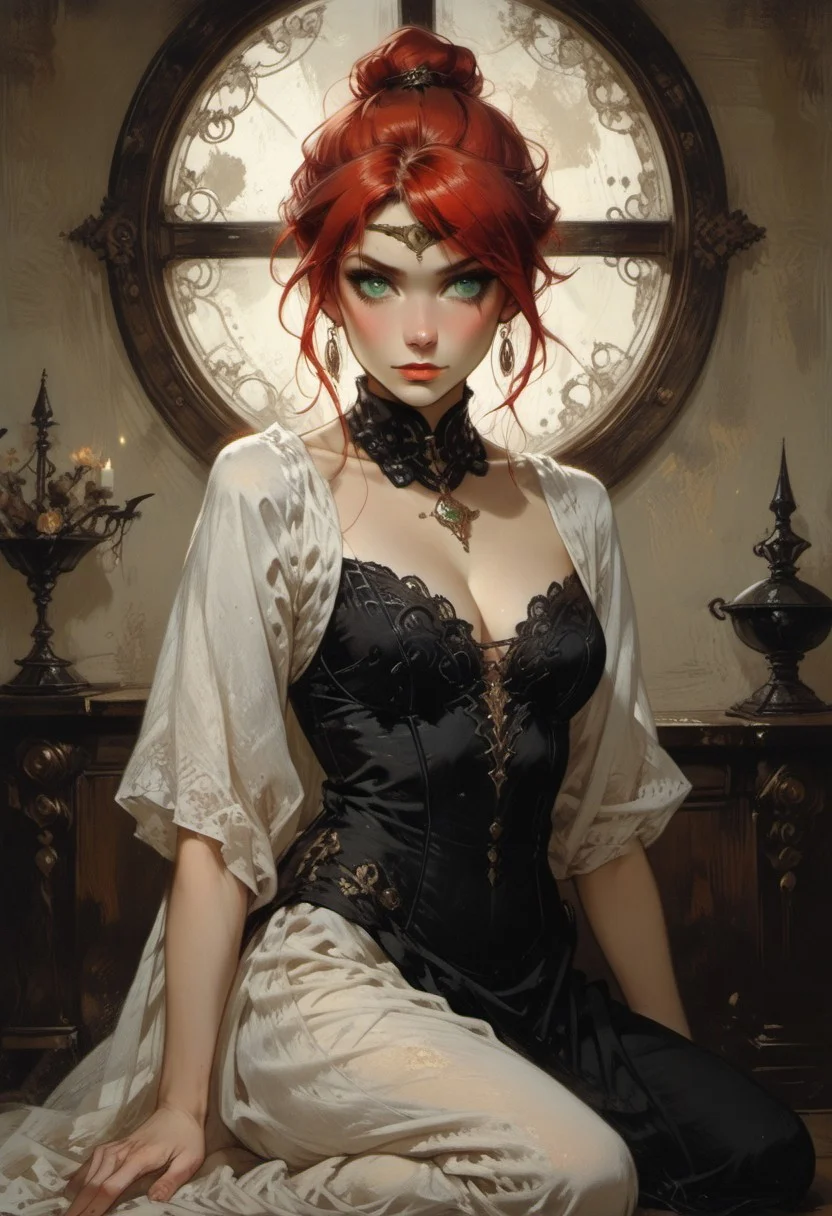 score_9, score_8_up, score_7_up, ((waist-up portrait, kneeling, face focus, eye focus, dynamic angle, motion)), 1girl, fantasy, (ph4nt0m01l), (Tarot Card Style), (pyrrha nikos), (red hair, green eyes), greek armor, breathless intimacy, tanned skin, petite model bombshell, heart, young, delicate features, narrow pointy nose, tiny nose, brown hair, medium length hair, bob cut, lust, big eyes, seductive eyes, blue eyes, detailed skin, flared lashes, mascara, makeup, perky medium breasts, athletic body, narrow waist, skinny hips,
warm light, detailed, neon dark party, candles, ((occult))
BREAK
milky way, runes, arcane, astral, surreal, ethereal glow, masterpiece, best quality, intricate design. colorful, moonlit nightsky, stained glass aesthetic, moody whimsical color palette, murano glass, bold soldering lines, volumetric light shining through, crepuscular rays, intricate craftsmanship, detailed texture, luminous transparency, reflective light play, vivid hues, atmospheric depth, enchanting silhouette, art nouveau,