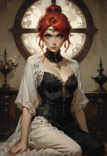 score_9, score_8_up, score_7_up, ((waist-up portrait, kneeling, face focus, eye focus, dynamic angle, motion)), 1girl, fantasy, (ph4nt0m01l), (Tarot Card Style), (pyrrha nikos), (red hair, green eyes), greek armor, breathless intimacy, tanned skin, petite model bombshell, heart, young, delicate features, narrow pointy nose, tiny nose, brown hair, medium length hair, bob cut, lust, big eyes, seductive eyes, blue eyes, detailed skin, flared lashes, mascara, makeup, perky medium breasts, athletic body, narrow waist, skinny hips,
warm light, detailed, neon dark party, candles, ((occult))
 BREAK
milky way, runes, arcane, astral, surreal, ethereal glow, masterpiece, best quality, intricate design. colorful, moonlit nightsky, stained glass aesthetic, moody whimsical color palette, murano glass, bold soldering lines, volumetric light shining through, crepuscular rays, intricate craftsmanship, detailed texture, luminous transparency, reflective light play, vivid hues, atmospheric depth, enchanting silhouette, art nouveau,