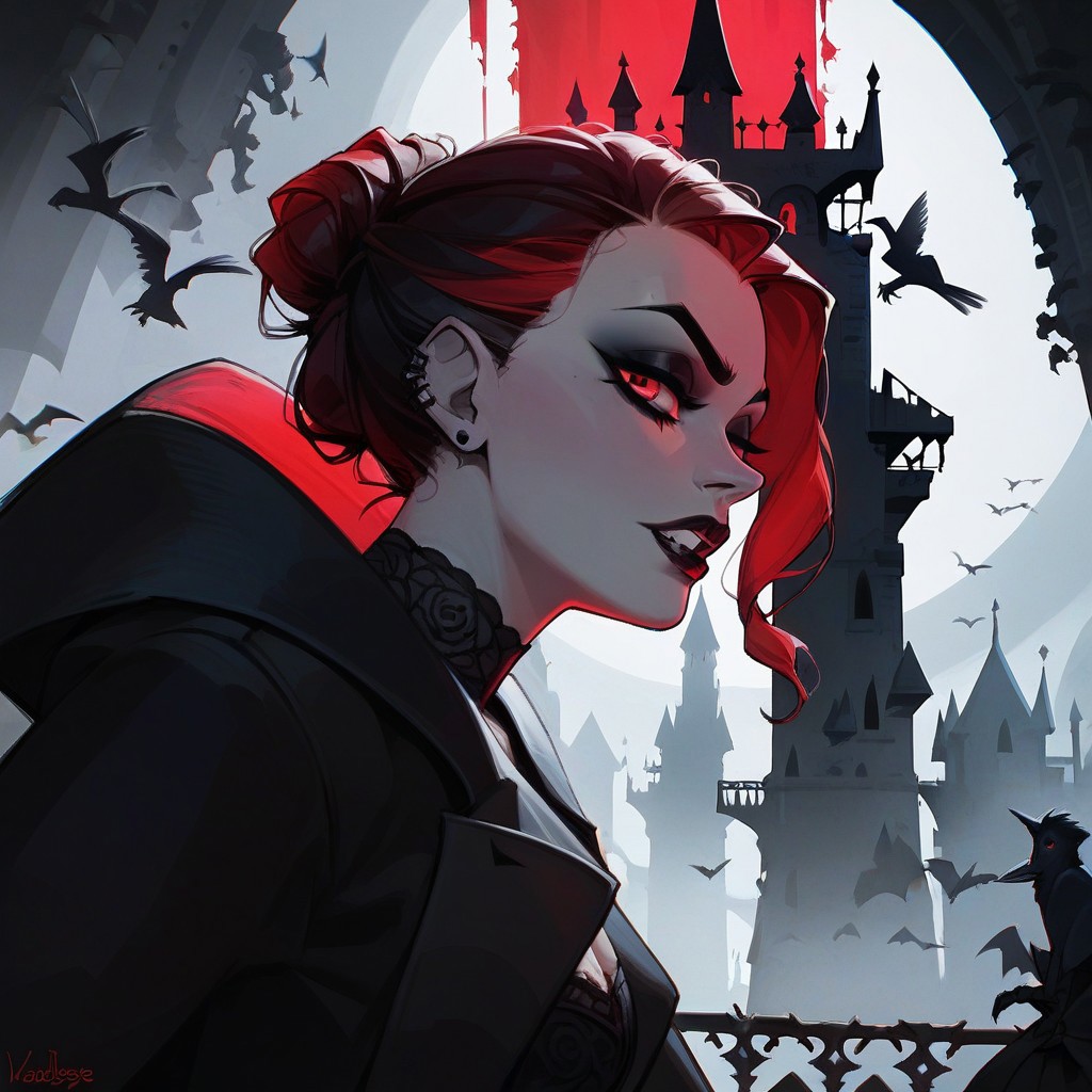 score_9, score_8_up,  score_8_up,  sexy woman,   vampires, intricate outfit, bobcat hairstyle,  black coat,   gothic atmosphere, crows, dark castle, outdoors,  black colors, red colors, detailed background,