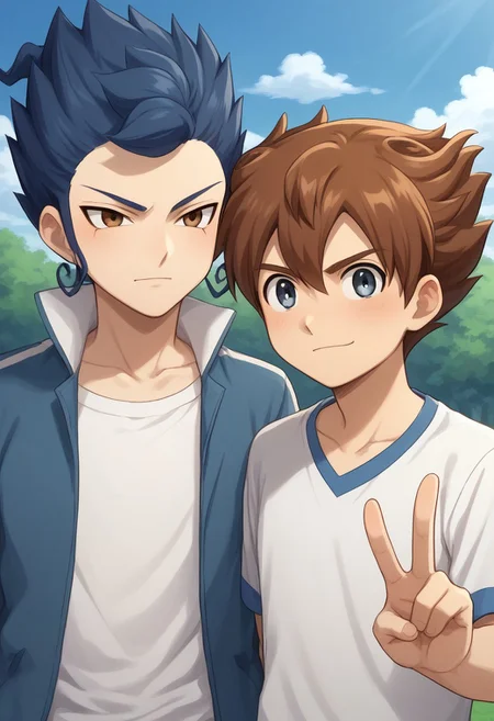 score_9, score_8_up, score_7_up, source_anime, highly detailed, 2boys,
tsurugi, 1boy, male focus, blue hair, brown eyes,frown BREAK
tenma, 1boy, male focus, brown hair, grey eyes, smile, v sign, BREAK
outdoor, upper body,