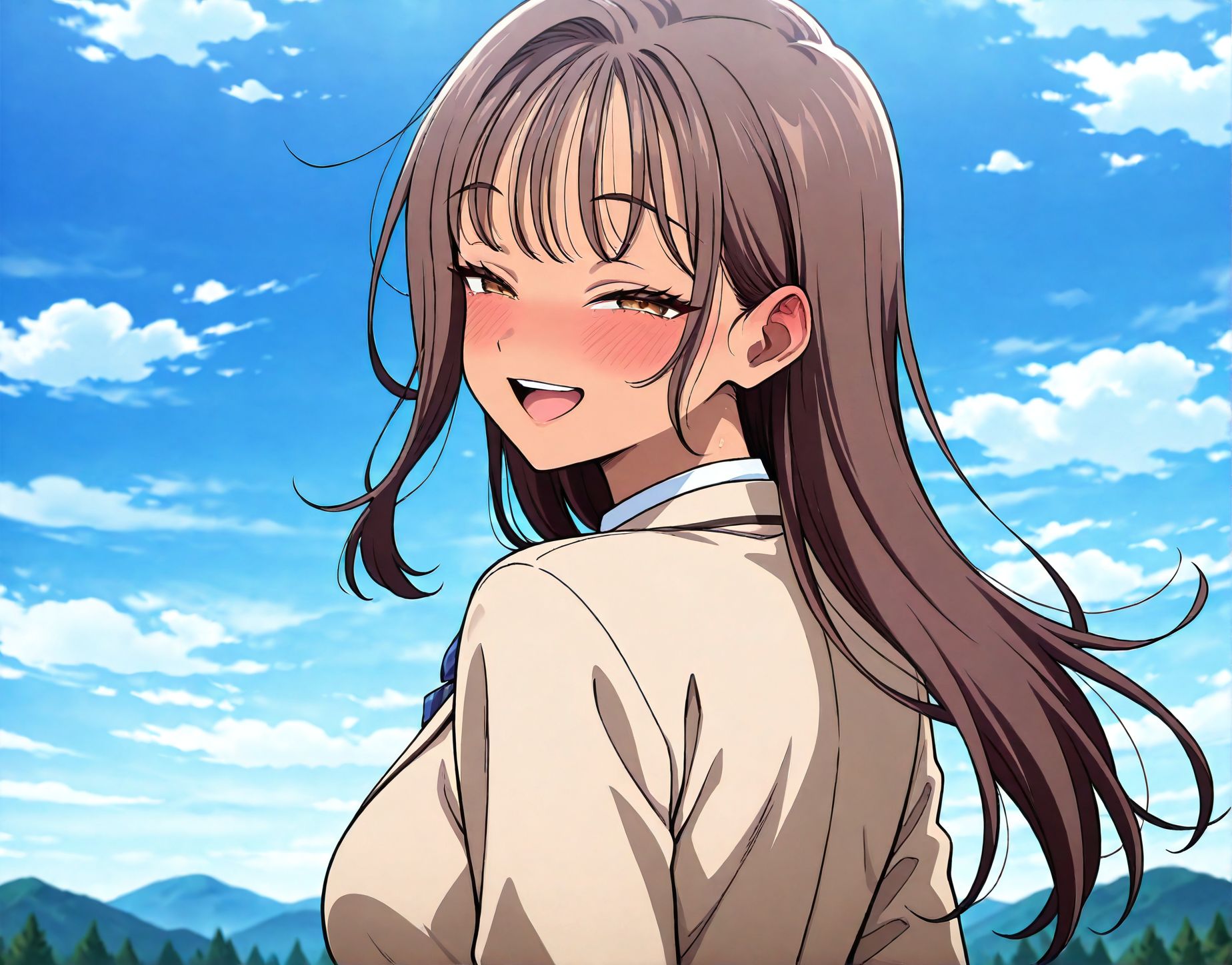 masterpiece, best quality, newest, absurdres, highres, detailed eyes, beautiful, detailed background, perfect eyes, anime coloring, anime screencap,
1girl, looking back, smile, half-closed eyes, 
blue sky, outdoors, back view,upper teeth only, smile, blush, 
<lora:Meat_Garden:0.8>Meat_GardenV1,
1girl,,dark-skinned female, 
breasts,school uniform,BEIGE jacket, 
collared shirt, 
brown hair,long hair,
 large breasts,  
simple background, white sheet,