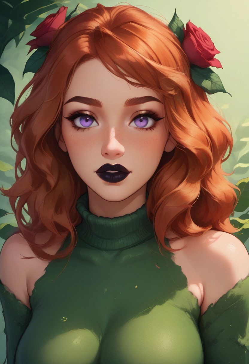 score_9, score_8_up, score_8, score_9, solo,1girl, 21 year old, sexy plant girl, green skin, dark orange hair, purple eyes, warm look, ((short neck:1.2)),leafy long hair, red roses, messy hair, small flowers in hair ,flowers in hair, black lipstick, sexy face, dark green wool turtleneck,mai tokiha