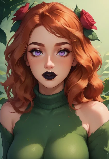 score_9, score_8_up, score_8, score_9, solo,1girl, 21 year old, sexy plant girl, green skin, dark orange hair, purple eyes, warm look, ((short neck:1.2)),leafy long hair, red roses, messy hair, small flowers in hair ,flowers in hair, black lipstick, sexy face, dark green wool turtleneck,mai tokiha