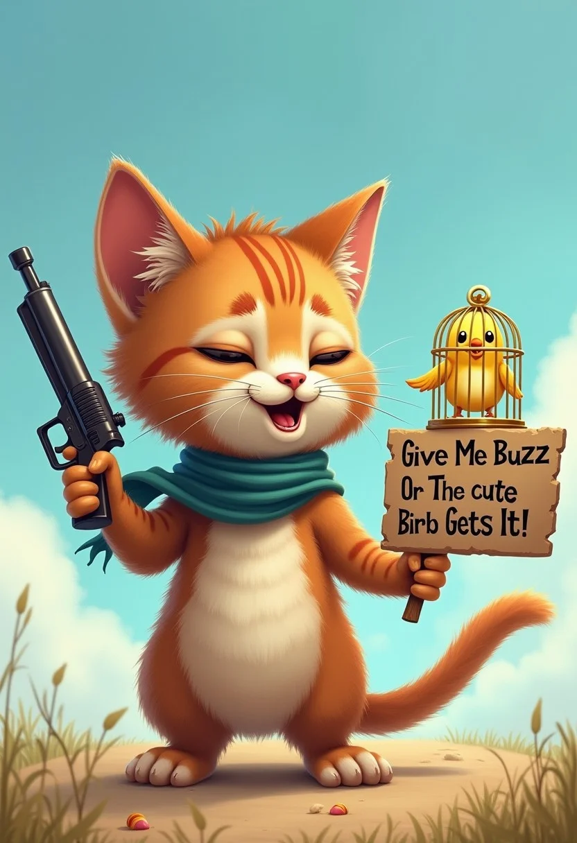 A short cute cat holding a handgun pointing it to a cute innocently looking trapped bird in a golden cage and in it's other hand holding a hand-made sign that reads ‘Give Me Buzz Or The cute Birb Gets It!’ in bold, rough letters. His expression is a mix of dastardly and wicked smile as he clutches the sign with one hands. The scene is set on a lovely sunny day blue sky, with the sign prominently displayed as he tries to get attention. The background hints at a life of whimsical adventures,