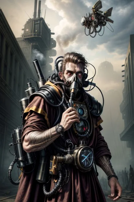((masterpiece,best quality)), absurdres, BREAK
mechanical arms, black robes, hood, BREAK
((techpriest)), cyborg, mechanical face, mechanical limbs, gas mask, mechanical tentacles, (mechanical backpack), BREAK
1other, solo, holding pistol, firearm, handgun, pistol, gun, BREAK
factory background, smoggy sky, air pollution, smokestacks, BREAK
(style-rustmagic),