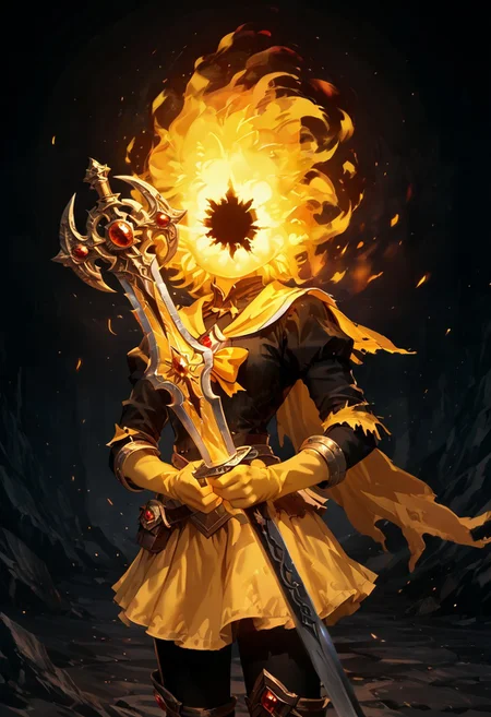 score_9, score_8_up, score_7_up,
lord_of_frenzy, fire head, holding sword, 
novakin, faceless, no eyes, no mouth, no nose, no facial features, short fiery yellow orange hair, body made of black plasma,
magical girl outfit, 
detailed dark fantasy village background,